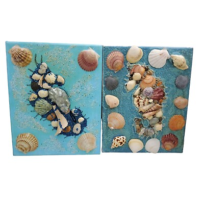 #ad vintage 1980s 2 seashell and glitter on canvas childrens hand made wall hangings $13.73