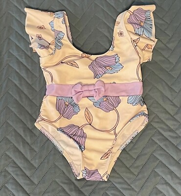 #ad NWOT Girl’s Size 2T One Piece Swimsuit With Lavender Belt And Bow Accent $5.00