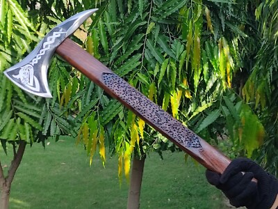 #ad Handmade Rare Art Carbon Steel Blade Viking Throwing Axe Carved Ashwood Handle $65.00