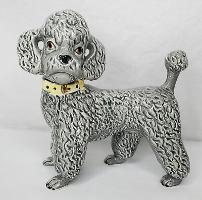 #ad Vintage Grey Poodle Dog Figurine Ceramic Puppy Curly Hair Japan $21.25