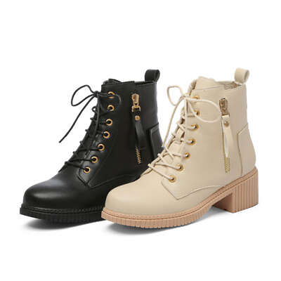 #ad Womens Round Toe Chunky Heels Size Casual Lace Up Ankle Boots Biker Shoes Office $47.41