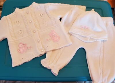 #ad Baby Togs Infant Girl#x27;s Pink White 3 Piece Sweater Pants Hat Bunny Cat NWOT 3 6 $26.99