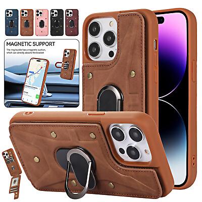 #ad Magnetic Ring Stand Leather Wallet Case For iPhone 14 15 Pro Max 13 11 12 XR XS $10.97