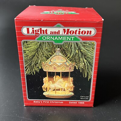 #ad Hallmark Magic Light Motion Ornament 1988 Baby#x27;s 1st Christmas Carousel Horses $16.99