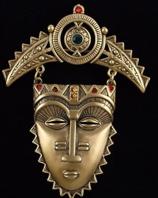 #ad UNIQUE Mint Vintage Designer Aztec Tribal Mask Brooch Big $42.00