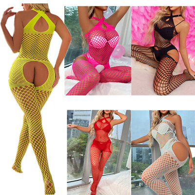 #ad US Women Hollow Out Fishnet Lingerie Crotchless Bodystockings Jumpsuit Nightwear $6.09