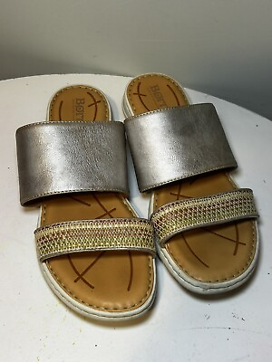 #ad Born Women#x27;s Sz 10M Shore Slide Leather amp; Fabric Light Gold Sandals $24.99