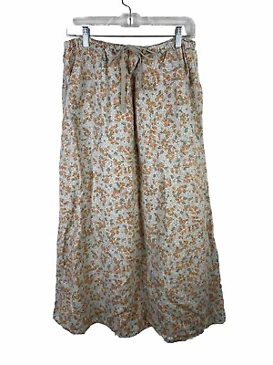 #ad Eddie Bauer 90s 100% Linen Floral Midi Skirt Size M Pockets Cottagecore $19.00