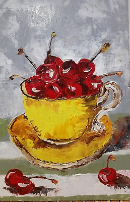 #ad Oil painting 5x8quot;Cherry in a cup on the table.Still life.Stylish modern mini art $34.00
