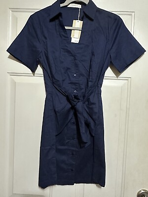 #ad MNG Mango Size XS Women Short Sleeve Midi Dress Cinched Waist Navy. NWT $25.00