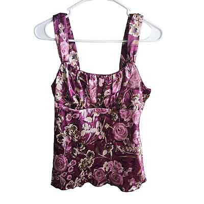 #ad Vintage Y2K IZ Byer Womens Sz l Satin Floral Blouse Purple Sleeveless $13.50