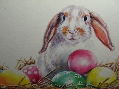 #ad Watercolor Painting Easter Bunny Rabbit Hare Egg Nest ACEO Art $27.50
