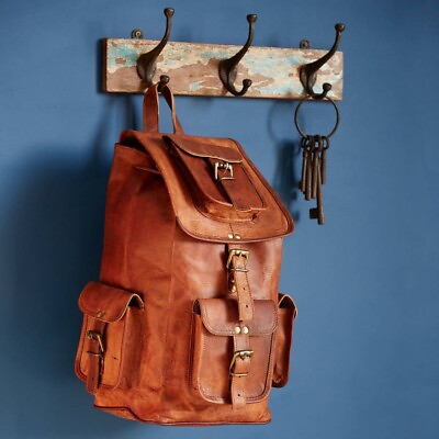 #ad Men#x27;s New Backpack Brown Rucksack Laptop Genuine Vintage Leather Bag $64.60