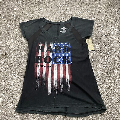 #ad Hard Rock Womens Flag Tampa Bay T Shirt Size S Black Short Sleeve Round Neck NWT $13.99
