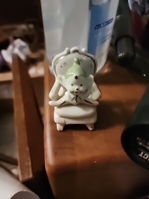 #ad Vintage Japan Green gilt Porcelain Elf Small Figurine On Chair Pixie Sprite 3quot; $20.00
