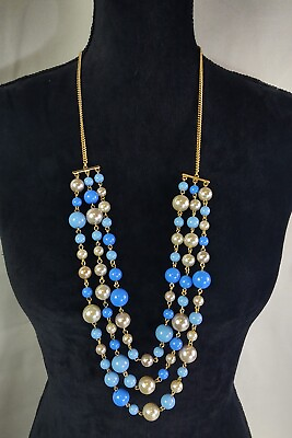 #ad Vtg Triple Chain Long Beaded Necklace Silver Blue Round Beads Costume Jewelry $10.00