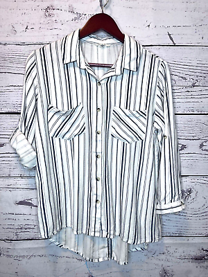 #ad Sim amp; Sam Womens White Black Striped Roll Tab Sleeve Button Up Shirt Top Size XL $12.79