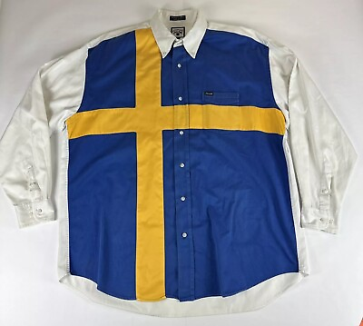 #ad Faconnable Swedish Flag Shirt Mens XXL Long Sleeve Button Up White Blue Yellow $19.99