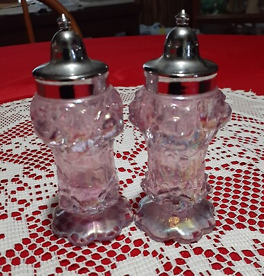 #ad Fenton Cabbage Rose Pink Carnival Glass Salt amp; Pepper Shaker ☆THEY GLOW☆ $85.00