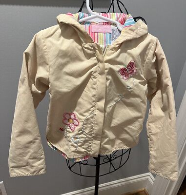 #ad Kids Headquarters Girls Size 5 Yellow Lined Hooded Rain Coat Butterfly Appliqué $9.90