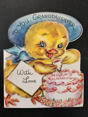 #ad Vtg Rust Craft Birthday Greeting Card Diecut Chick Cake M. COOPER? GRANDDAUGHTER $8.98