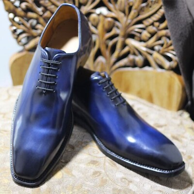 #ad Handmade Blue Pure Calf Leather Black Shaded Wholecut Oxford Lace Up Dress Shoes $130.19