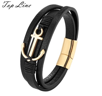 #ad Men Boy Women Gold Anchor Black Braided Genuine Leather Bracelet Wristband 7 8quot; $14.99
