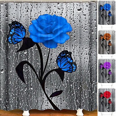 #ad Bathroom Shower Curtain Set Printed Rose Pattern Waterproof with Hooks Bath Mat $25.99