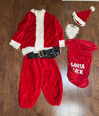 #ad pre own 6 Piece SANTA CLAUS Suit Set Dress Up Holiday Costume Sack Hat Beard $41.90
