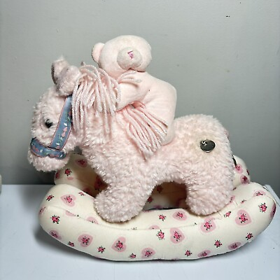 #ad Baby Aurora Musical Rocking Horse Plush W Bear Pink Floral Heart Wind Up VTG $39.95