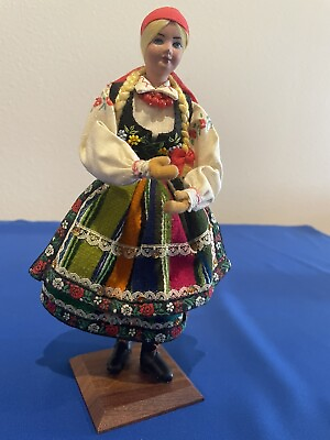 #ad Polish Handmade Doll in Folk Dress on Stand 10quot; tall  $15.99