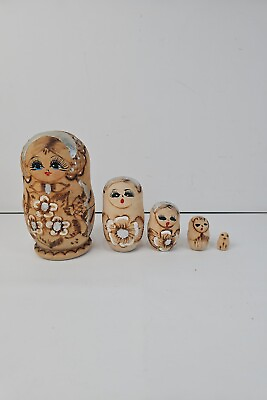 #ad Vintage Russian Hand Crafted Matryoshka Nesting Dolls 5 Piece Set Painted Burned $24.99