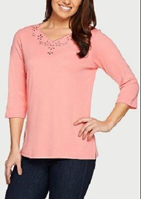 #ad Quacker Factory Size 1X Soft Coral Eyelet Scalloped 3 4 Sleeve T shirt $22.99