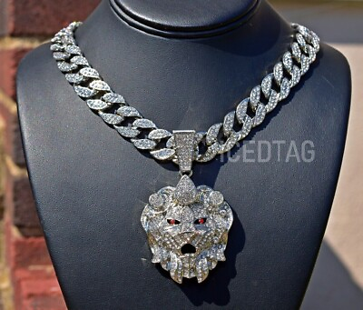 #ad Men Hip Hop Iced Big Lion Head Pendant amp; 16quot; 24quot; Miami Bling Out Simulated Chain $16.99
