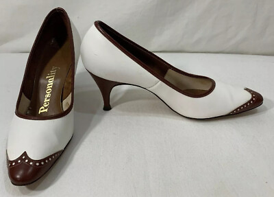 #ad Vintage Dupont Corfam Personality 2 3 4quot; High Heal White Brown Wing tip Sz 7 $17.25