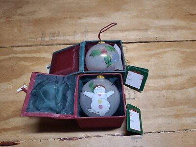 #ad 2 Christmas House Hand Painted Glass Ornaments Snowman amp; Mistletoe $9.59