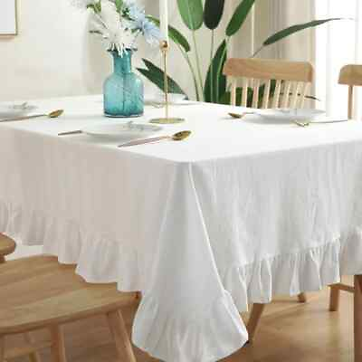 #ad White Tablecloth with Ruffles Cotton Linen Plain Tablecloth Dining Table Cover $75.33