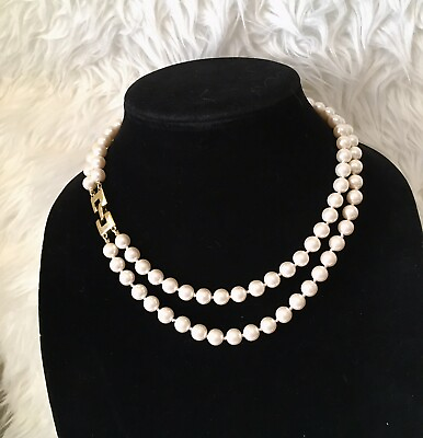#ad Vintage 60’s Monet Two Strand Knotted Faux Pearl Necklace Gold Tone Clasp $17.97