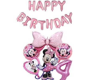 #ad Minnie Mouse 4th Birthday Girls Pink Balloon Set Party Decorations Age 4 Kids GBP 12.99