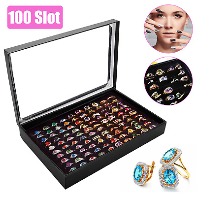#ad 100 Slots Jewelry Ring Display Organizer Tray Holder Earrings Storage Boxes Case $10.98