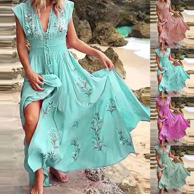 #ad Women Boho Flying Sleeve V Neck Maxi Dress Ladies Pleat Holiday Ruffled Sundress $23.59