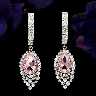 #ad Women Rhodium Plated Pink Crystal Rhinestone Chandelier Drop Dangle Earrings 753 $13.99