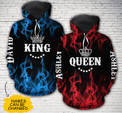 #ad King And Queen Hoodie Custom Name All Over Print Valentine Gift Couple Matching $45.98