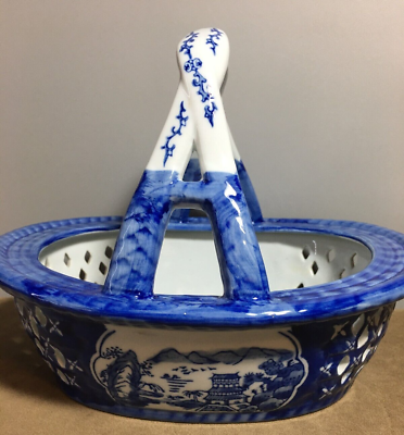 #ad Vintage Porcelain Reticulated Blue amp; White Basket Bombay $20.00