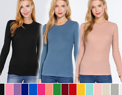 #ad Women#x27;s Crew Neck Thermal Shirt Top Stretch Cotton Long Sleeve Basic Waffle Knit $6.49