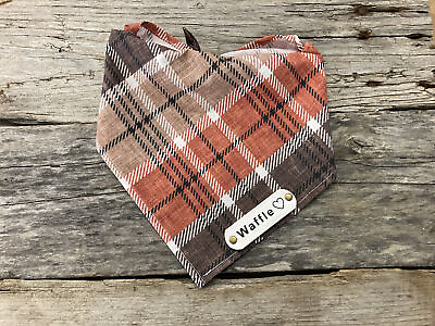#ad Dog Bandana Winter Plaid Brown Rust White White Leather Personalized Name Tag $20.00