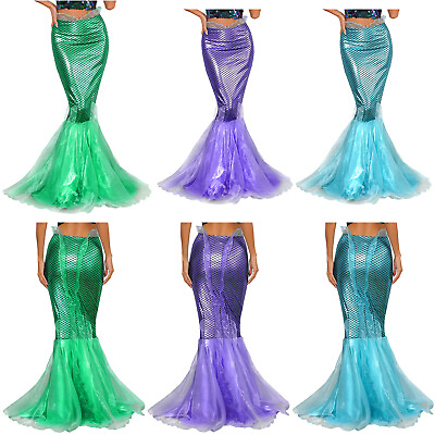 #ad Women Mermaid Tail Halloween Costumes Party Fish Scale Shiny Metallic Long Skirt $6.50