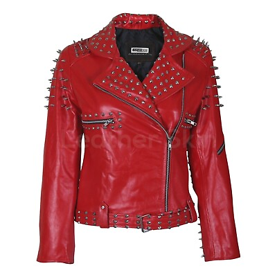 #ad Women Red Leather jacket With Cone and Tree Spike Studs Sheep Leather Jackets $49.00