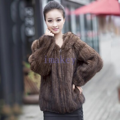 #ad Womens Real Genuine Knitted Mink Fur Hooded Warm Coat Jacket Outwear Short Tops $269.32