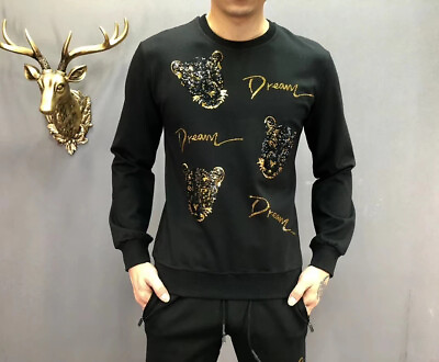 #ad New Men Luxury Diamond Leopard Rhinestone Sequins Black Hoodie High Quality $76.90